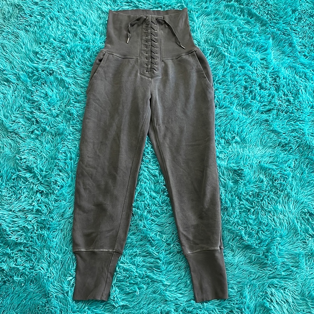 NSF Corset High-Rise Lace Up Sweatpants. Size large. Color grey / pigment black.